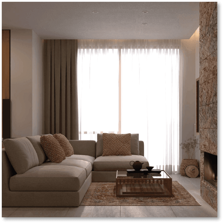 Modern Living Room with Stone Fireplace